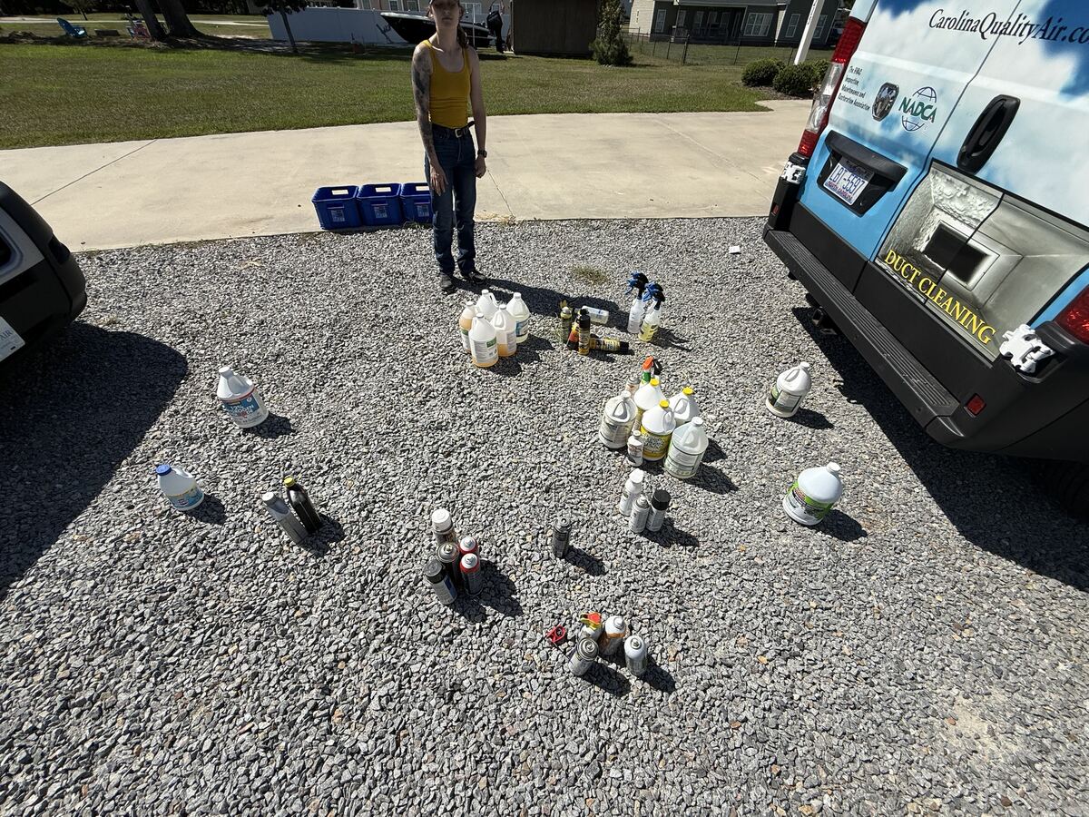 Every chemical from Van 3 laid out on the gravel
